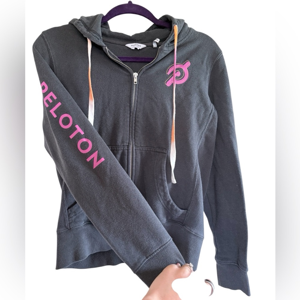 Peloton Charcoal Zip-Up Hoodie with Pink Logo and Ombre Drawstrings size small